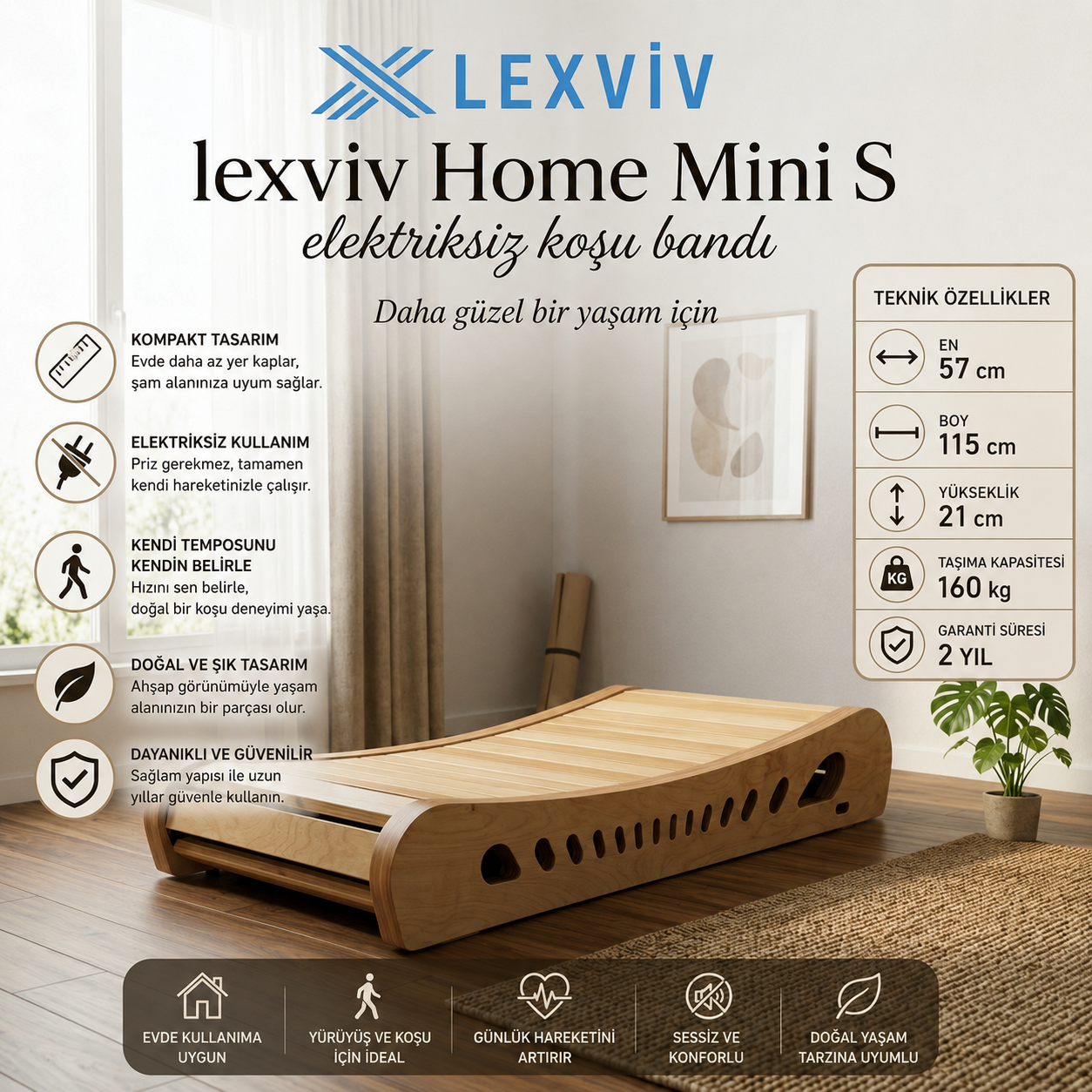 LEXVIV Home Mini S Elektriksiz Manuel Koşu Bandı –  Kompakt Ev Tipi Yürüyüş ve Koşu Bandı