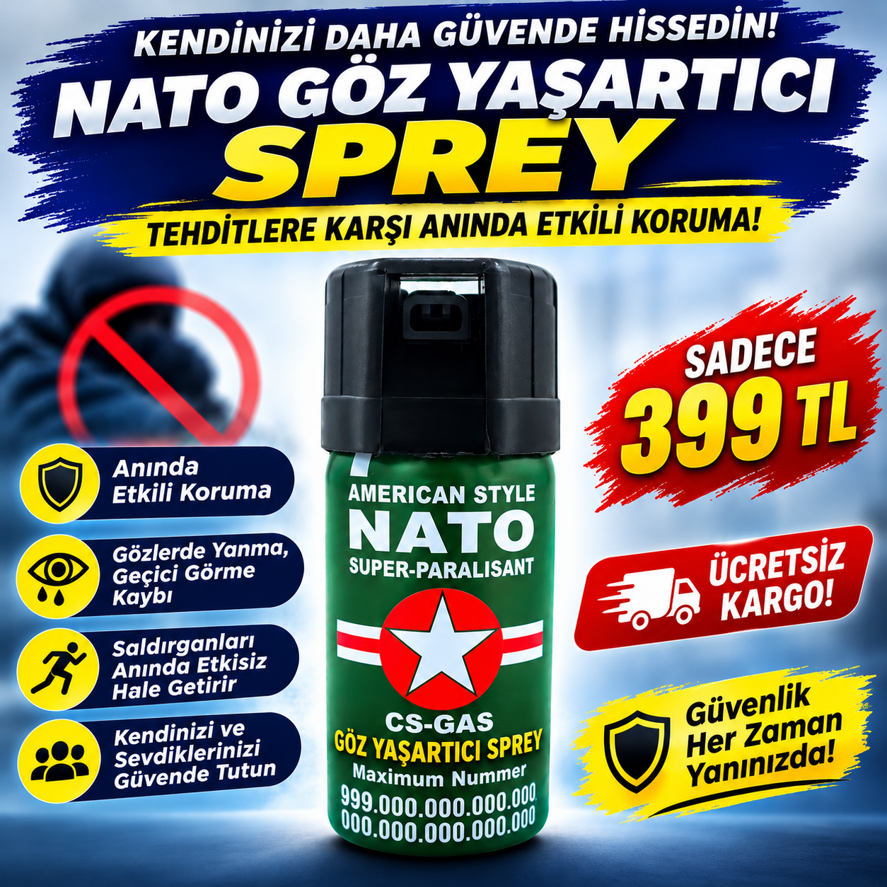 NATO Göz Yaşartıcı Sprey – CS Gazlı Savunma Spreyi - Kişisel Güvenlik Spreyi| 399 TL