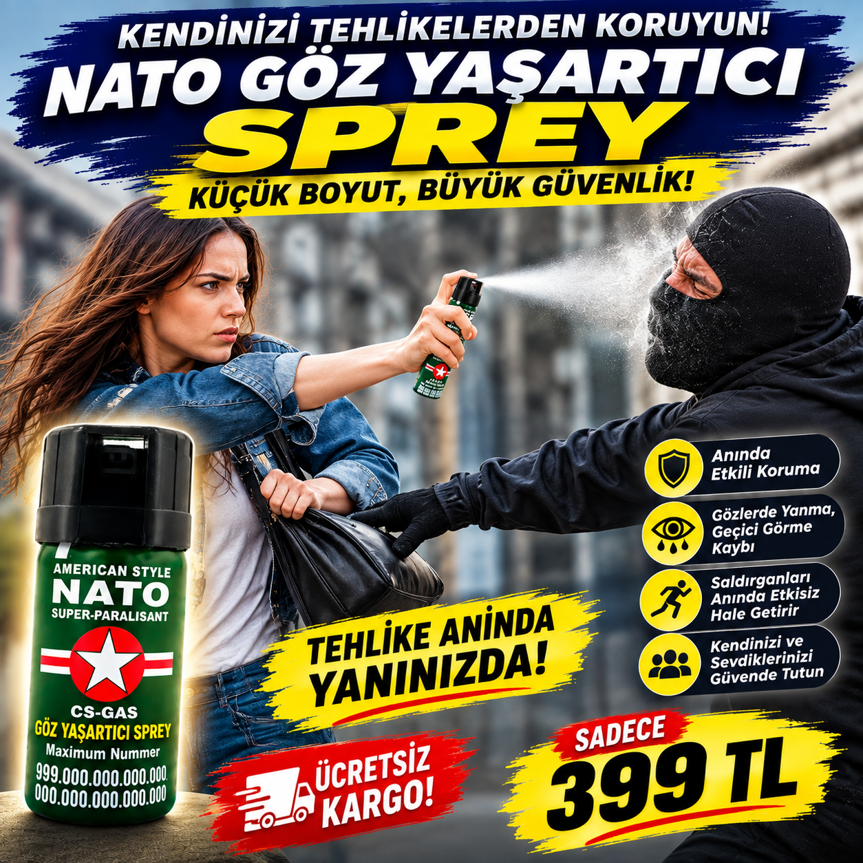 NATO Göz Yaşartıcı Sprey – CS Gazlı Savunma Spreyi - Kişisel Güvenlik Spreyi| 399 TL